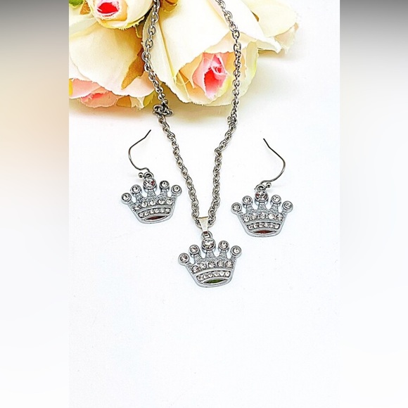 Crystal Crown Earrings or Set With Necklace, Princess Party, Stainless Steel NWT - Picture 3 of 7